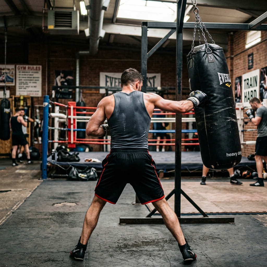 Male boxer training with a heavy punching bag (back view)