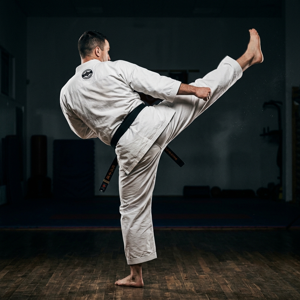 Karate fighter executing a side kick (no face showing)