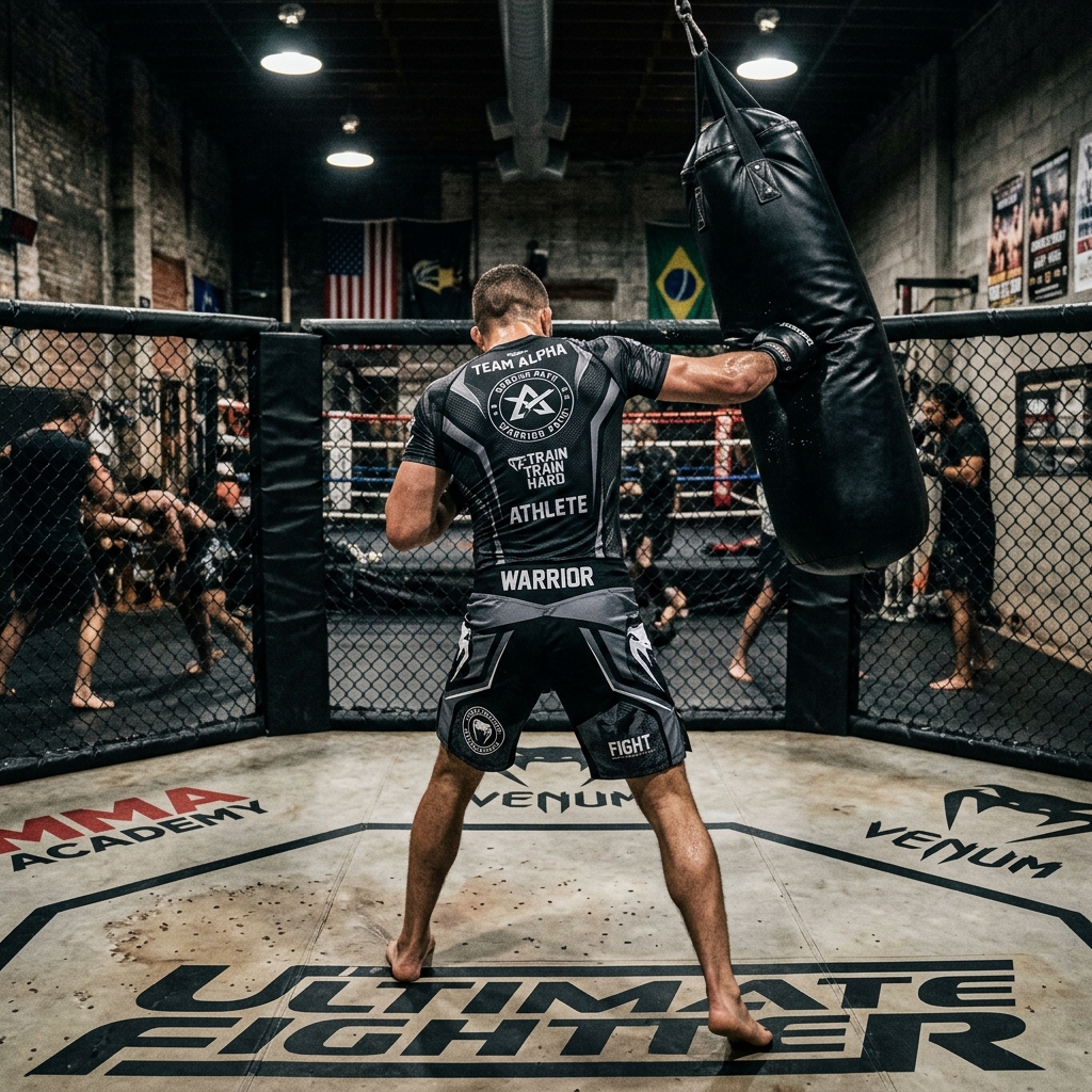 MMA fighter training in custom shorts and gear (back view)