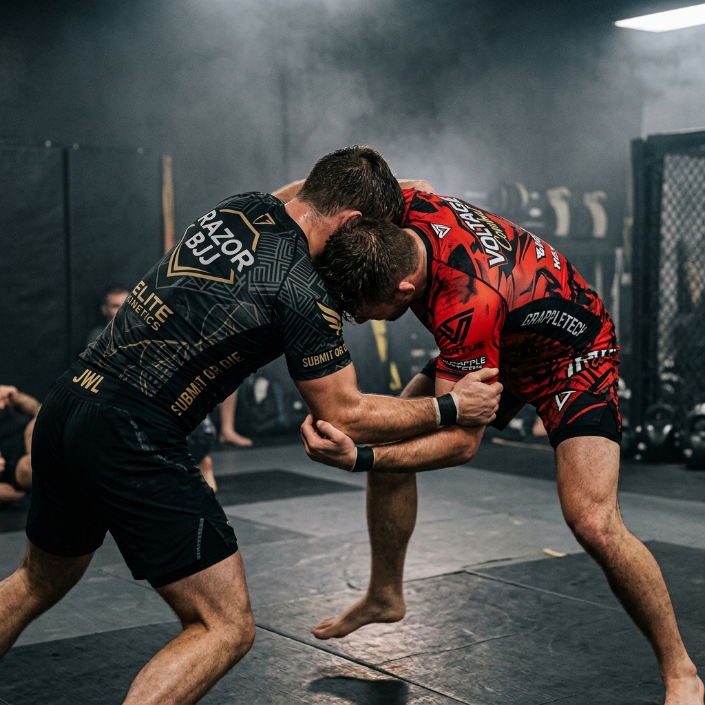 Athletes grappling in custom Nogi rashguards (no faces showing)