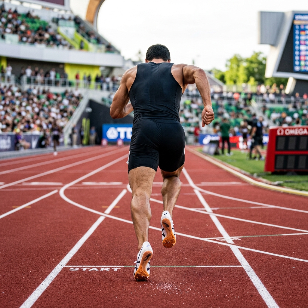 Professional sprinter running on track (back view)