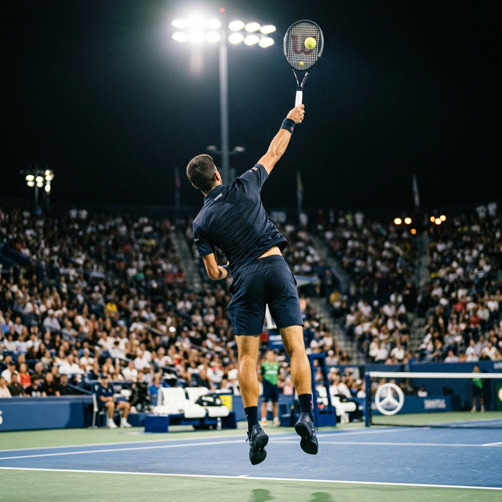 Action tennis player serving on court (back view)